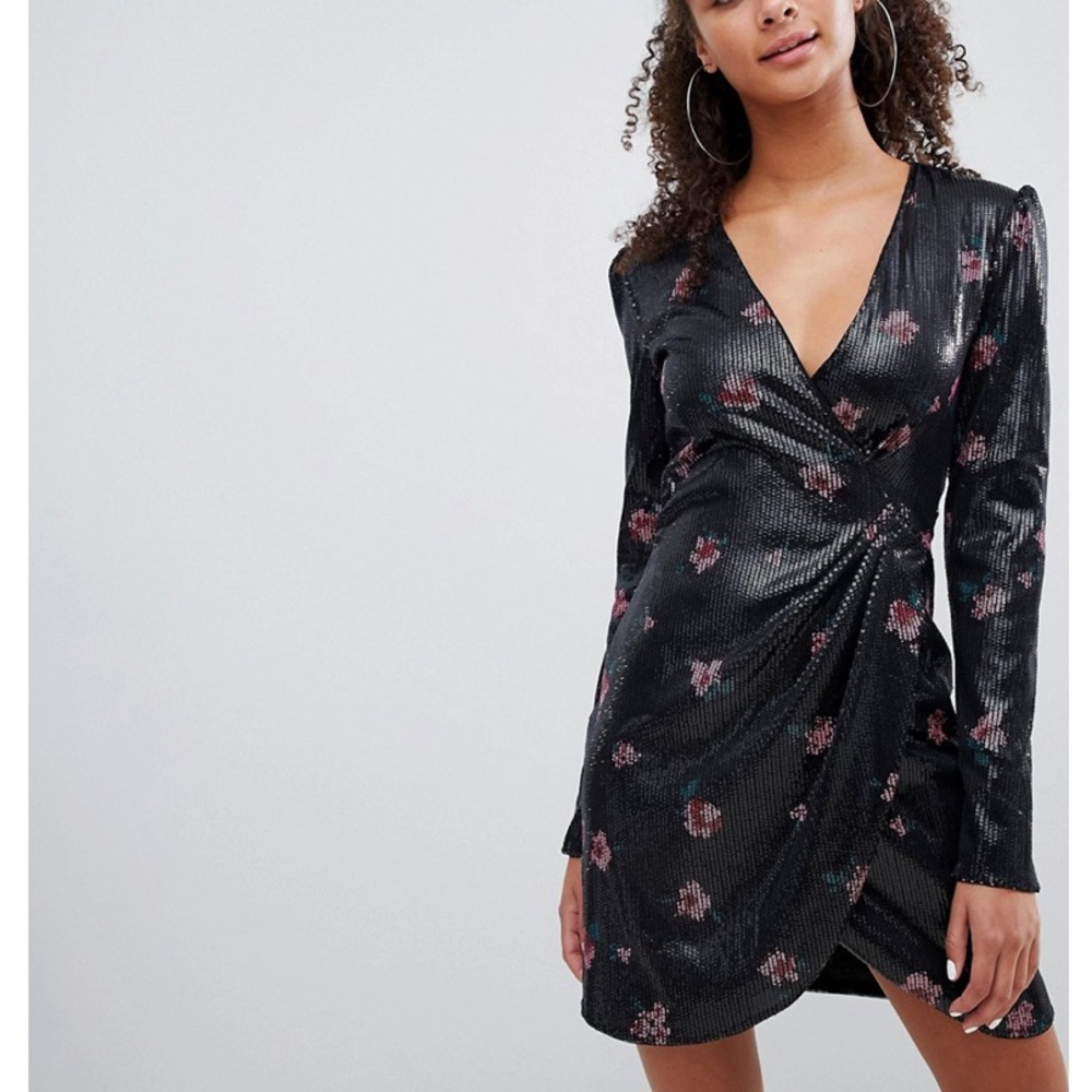 Bershka Floral Detail Sequin Wrap Dress NWT M